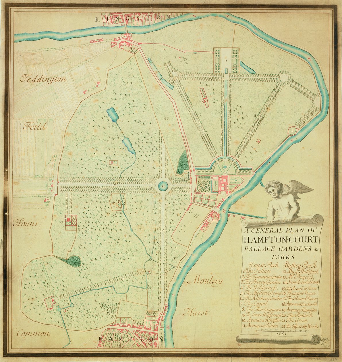 A Hampton Court Palace Gardens and Parks általános terve, 1713 körül (toll, tinta és WC papíron) alkotó: Charles Bridgeman