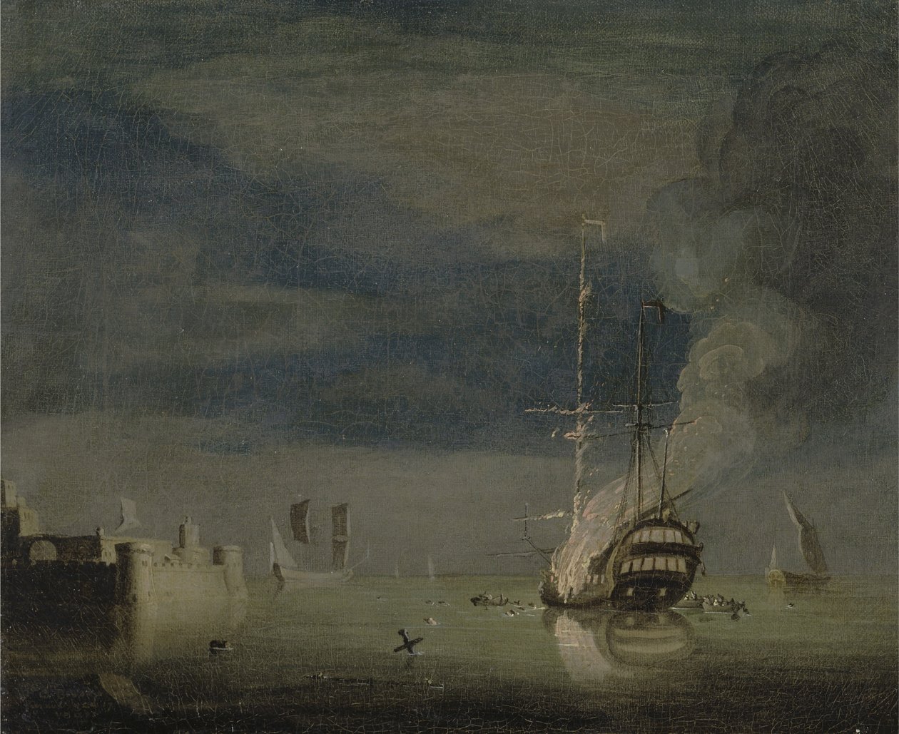 Egy kétszintes tűz éjjel egy erődnél, 1740 körül (olaj, vászon) alkotó: Charles Brooking