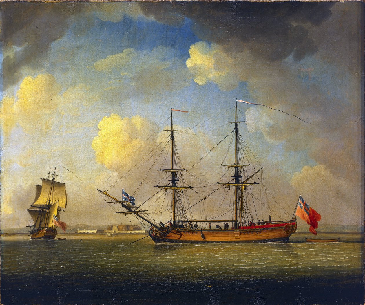 A "Naval Snow", egy kétárbocos brit hajó, amelyet a Királyi Haditengerészet ellátmányának szállítására használtak, a horizonton, Fort Tilbury, a Temzén, Anglia alkotó: Charles Brooking