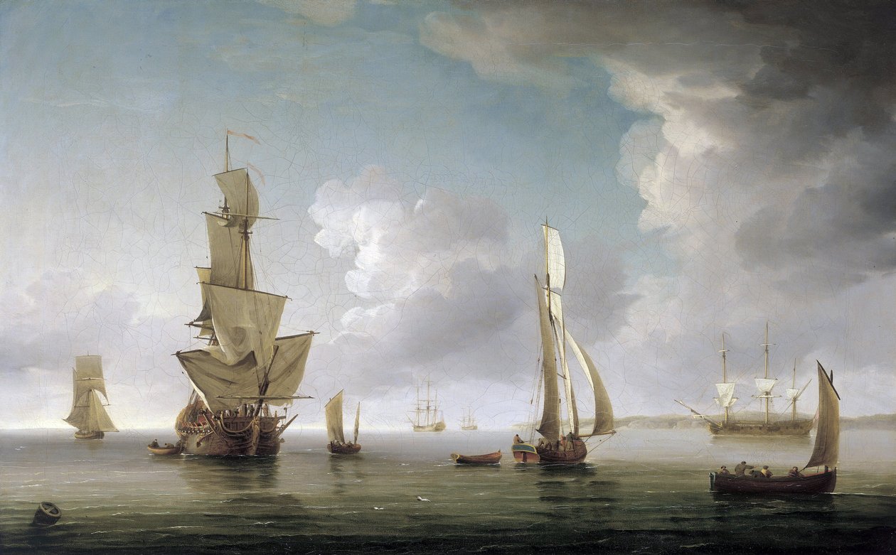 Hajózás a Temze torkolatában (Anglia), a hajók nagy választéka és az angol partok leírása. Olaj, vászon alkotó: Charles Brooking