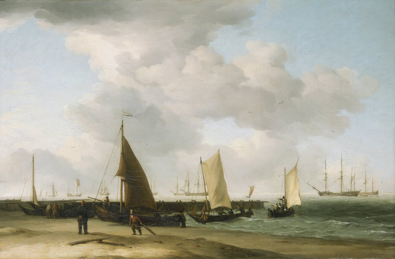 Jelenet a parton, a horizonton egy háborús épület. Olaj, vászon alkotó: Charles Brooking