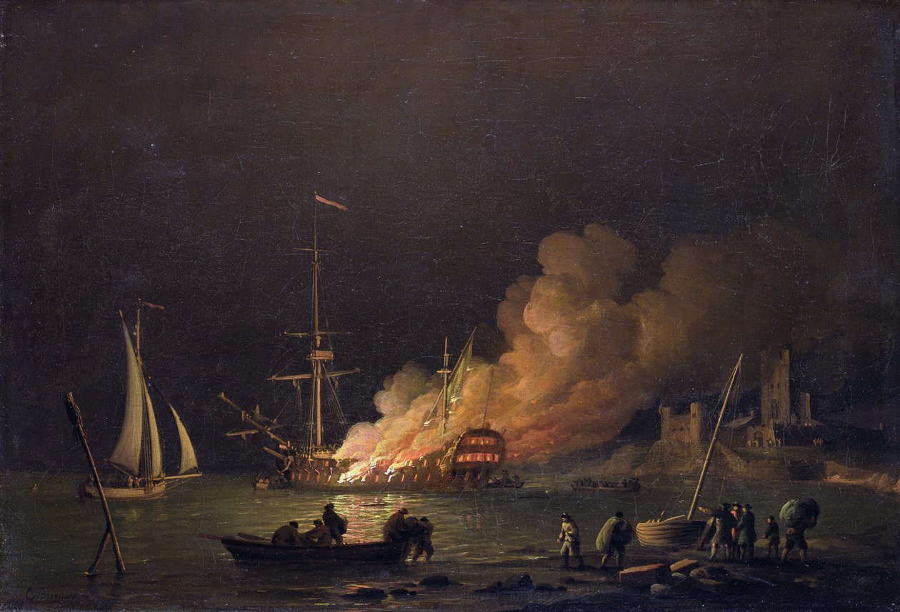 Ship on Fire at Night, 1756 körül (olaj, vászon) alkotó: Charles Brooking