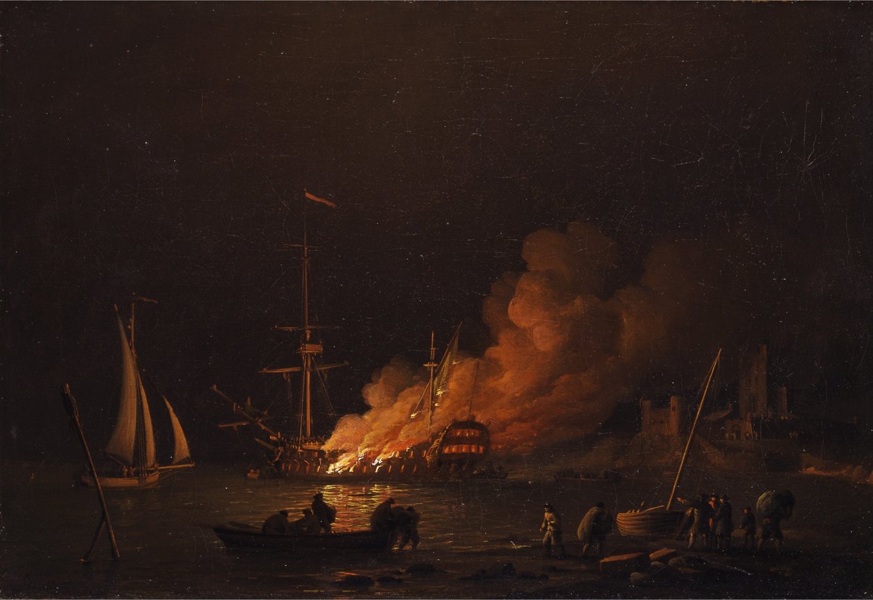 Éjszaka égő hajó alkotó: Charles Brooking