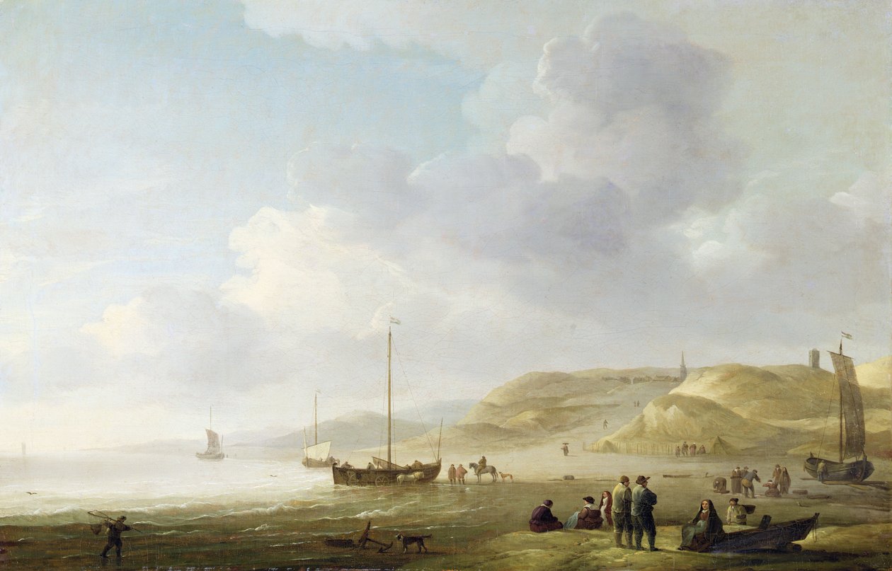 A tengerpart Scheveningen közelében halászrózsaszínekkel a parton (olaj, vászon) alkotó: Charles Brooking
