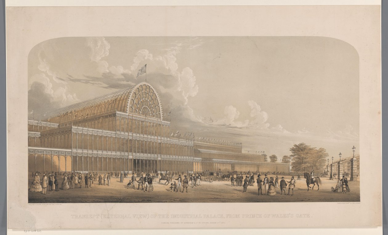 Gáz a Crystal Palace-ban Az ipari palota kereszthajója (külső nézet), a Prince of Wales Gate felől (cím a tárgyon) alkotó: Charles Burton