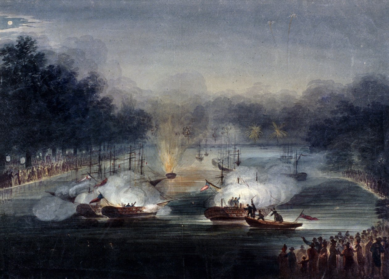 Kilátás egy színlelt harcra a Serpentine-n, Hyde Park, London, 1814 alkotó: Charles Calvert