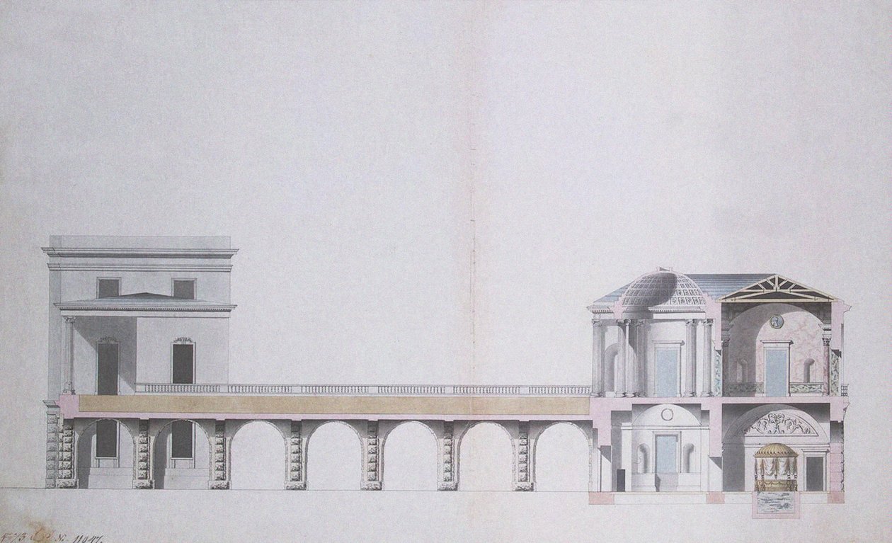 A cárszkoje-szelói achátpavilon és függőkert keresztmetszete, 1780 körül (toll és tinta, wc-vel, papír) alkotó: Charles Cameron