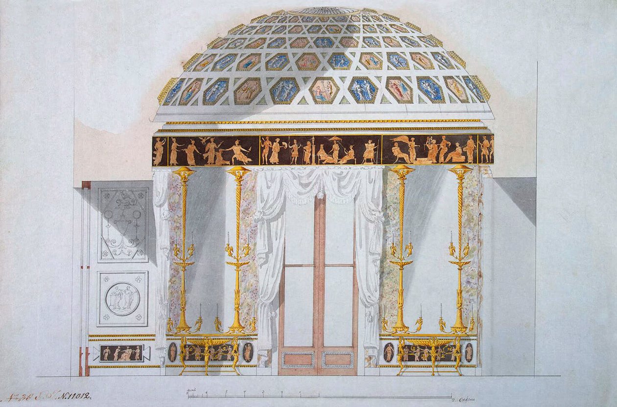 A Tsarskoje Selo Achát pavilonjában található jáspisszekrény terve, 1780-as évek. alkotó: Charles Cameron