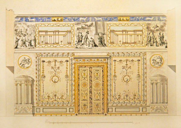 Ajtófal megemelése, Lyoni rajzszoba, Katalin-palota Carszkoje Selóban, 1780-as évek eleje (toll, ecset, indiai tinta és akvarell papíron) alkotó: Charles Cameron