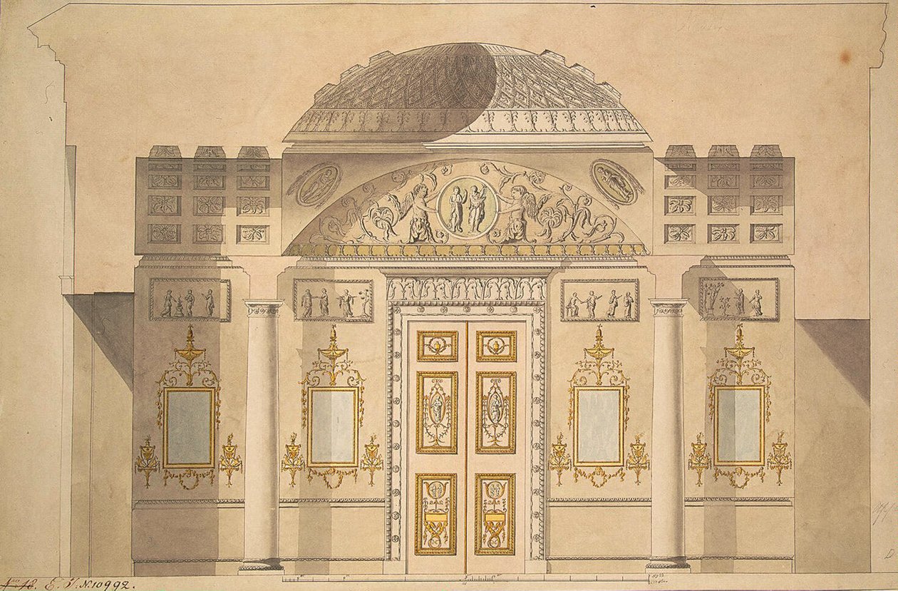 A tükörfal megemelése a jáspis-tanulmányban az achát pavilonban, Carskoje Selóban alkotó: Charles Cameron
