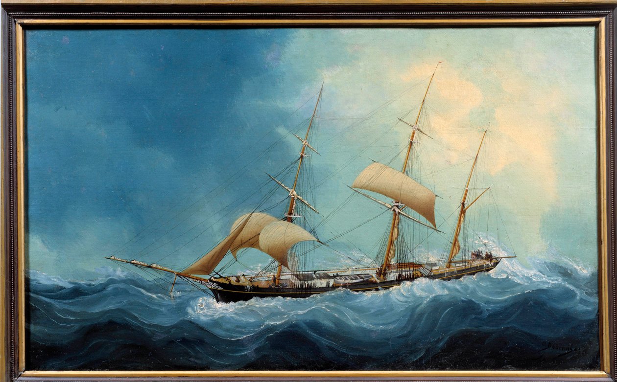 Három matt vitorlás repülés közben Charles Cheri Dubreuil festménye (Cheri-Dubreuil) (1828-1880) 1865 - Fecamp. Musee Des Terre Neuvas – Egy háromárbocos hajó menekül. Charles Dubreuil festménye (XIX. század) alkotó: Charles Cheri Dubreuil