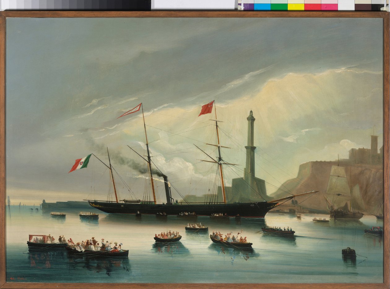 A Cagliari gőzhajó érkezése Genovába alkotó: Charles Cheri Dubreuil