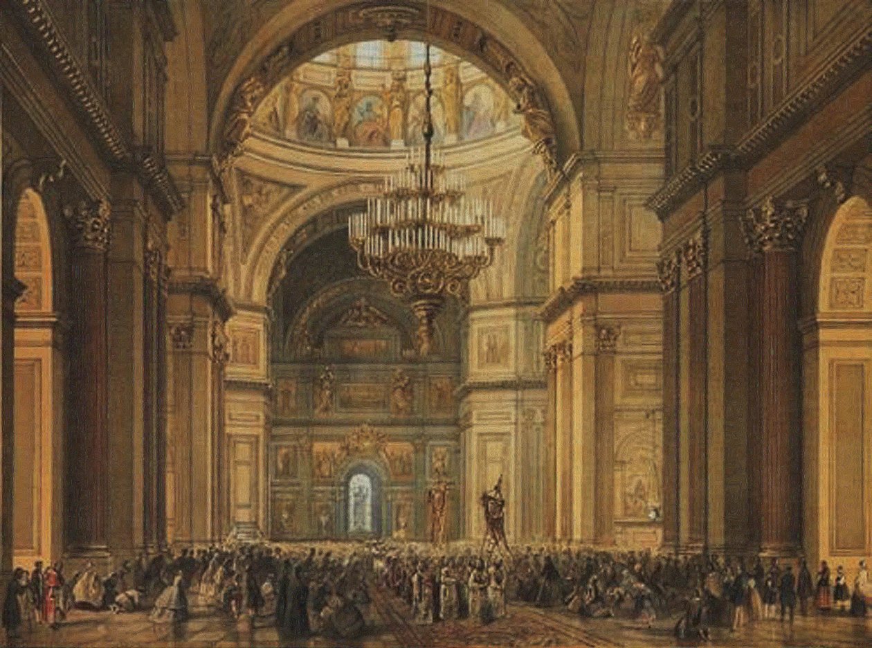 Istentisztelet a szentpétervári Szent Izsák-székesegyházban, 1850-es évek alkotó: Charles Claude Bachelier
