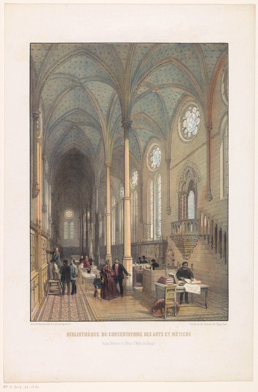A Művészeti és Iparművészeti Konzervatórium könyvtárának belseje A Művészeti és Kézműves Konzervatórium könyvtára (a St Martin des Champs-i apátság egykori refektóriuma) (cím a tárgyon) alkotó: Charles Claude Bachelier