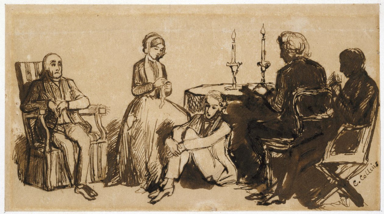 Egy este a Combes házában, 1850-51 (toll és barna tinta halványbarna papíron) alkotó: Charles Collins