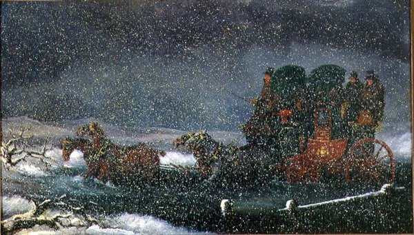 Stagecoach, aki egy patakot forgat a hóviharban (olaj, vászon) alkotó: Charles Cooper Henderson