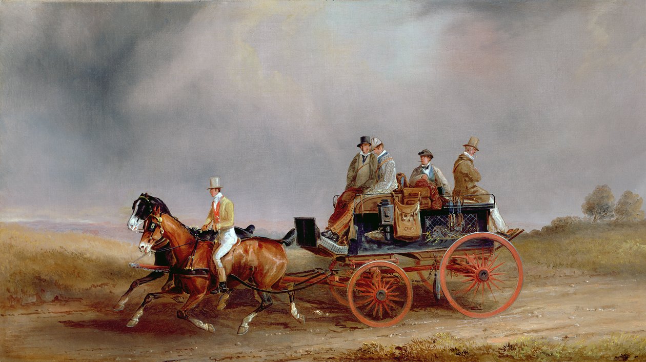 Going Shooting; egy Postillion és párosítás játékkocsival (olaj, vászon) alkotó: Charles Cooper Henderson