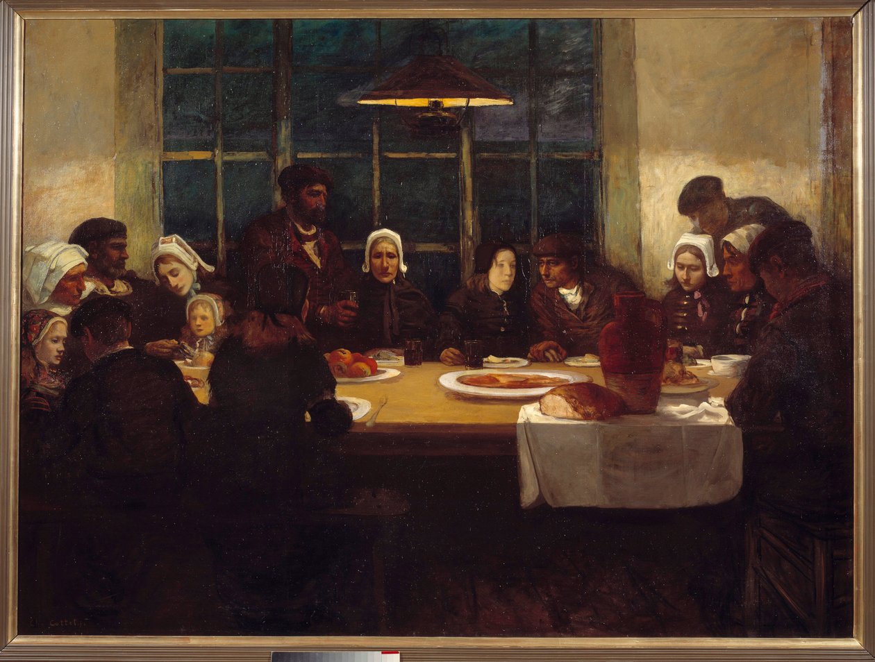 A búcsúvacsora a tenger földjén breton család gyűlt össze egy asztal körül. Charles Cottet (1863-1924) triptyqye központi táblája. 1898 V. 1,76x2,37 m Párizs, Muse d