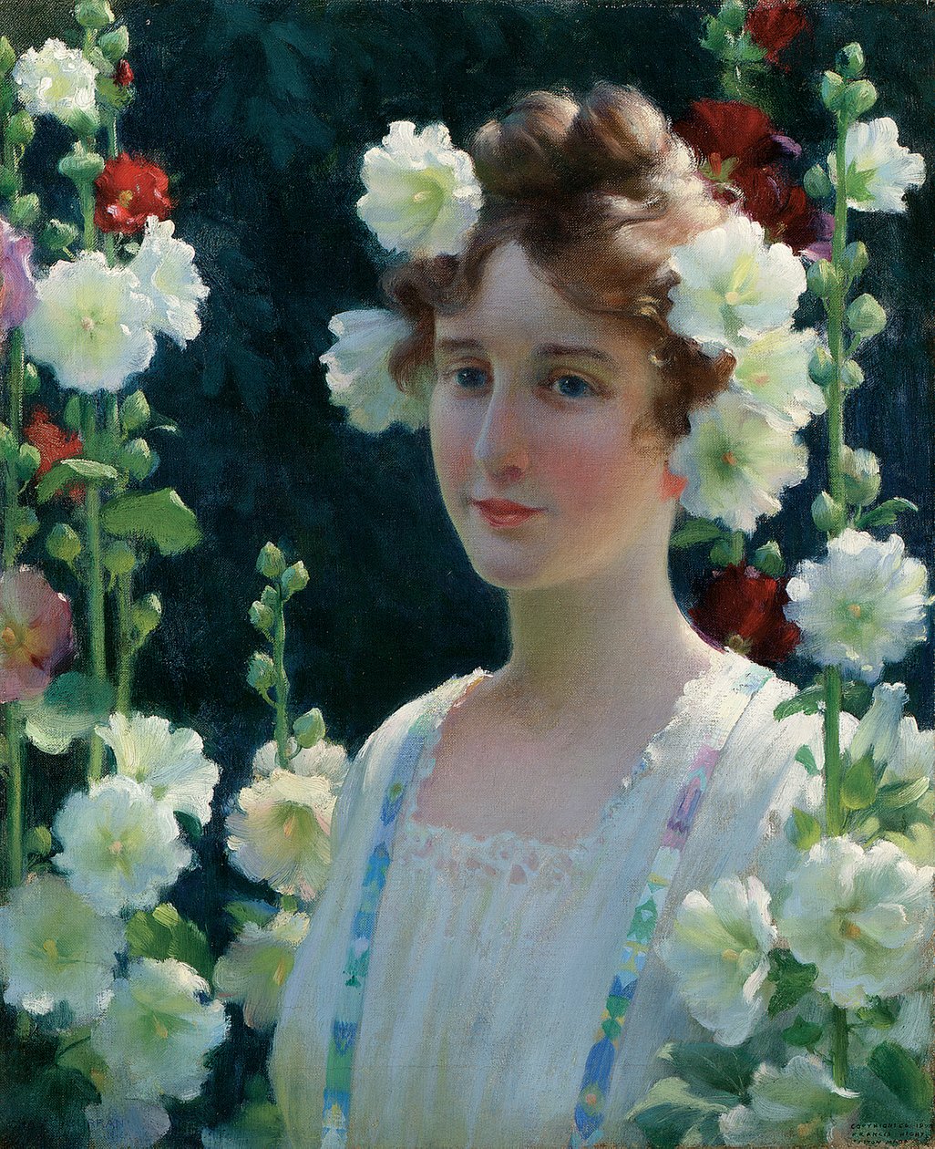 A hollyhockok között alkotó: Charles Courtney Curran