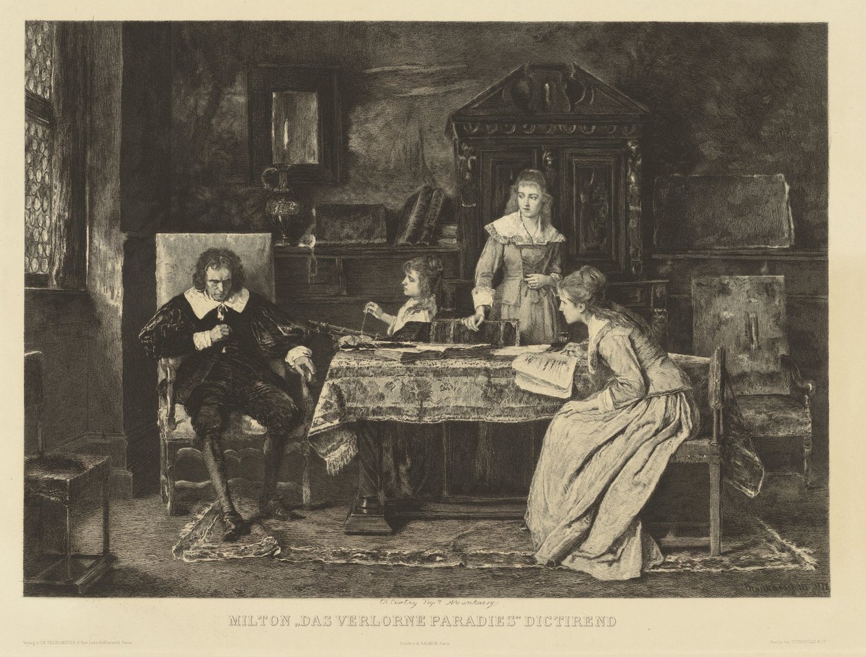 Milton egy karosszékben ülve diktálja az egyik lányának elveszett paradicsomát. In den r.r.h. Munkácsy 1878-ban A margón: Ch. Courty d
