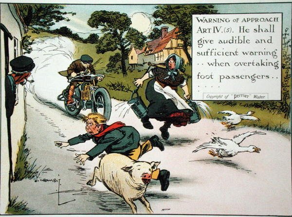 Figyelmeztetés a megközelítésre. Művészet. IV.(5) Hangos és elegendő figyelmeztetést kell adnia...gyalogos utasok előzésekor, 1905 körül kiadott KRESZ-ből (színes litó) alkotó: Charles Crombie