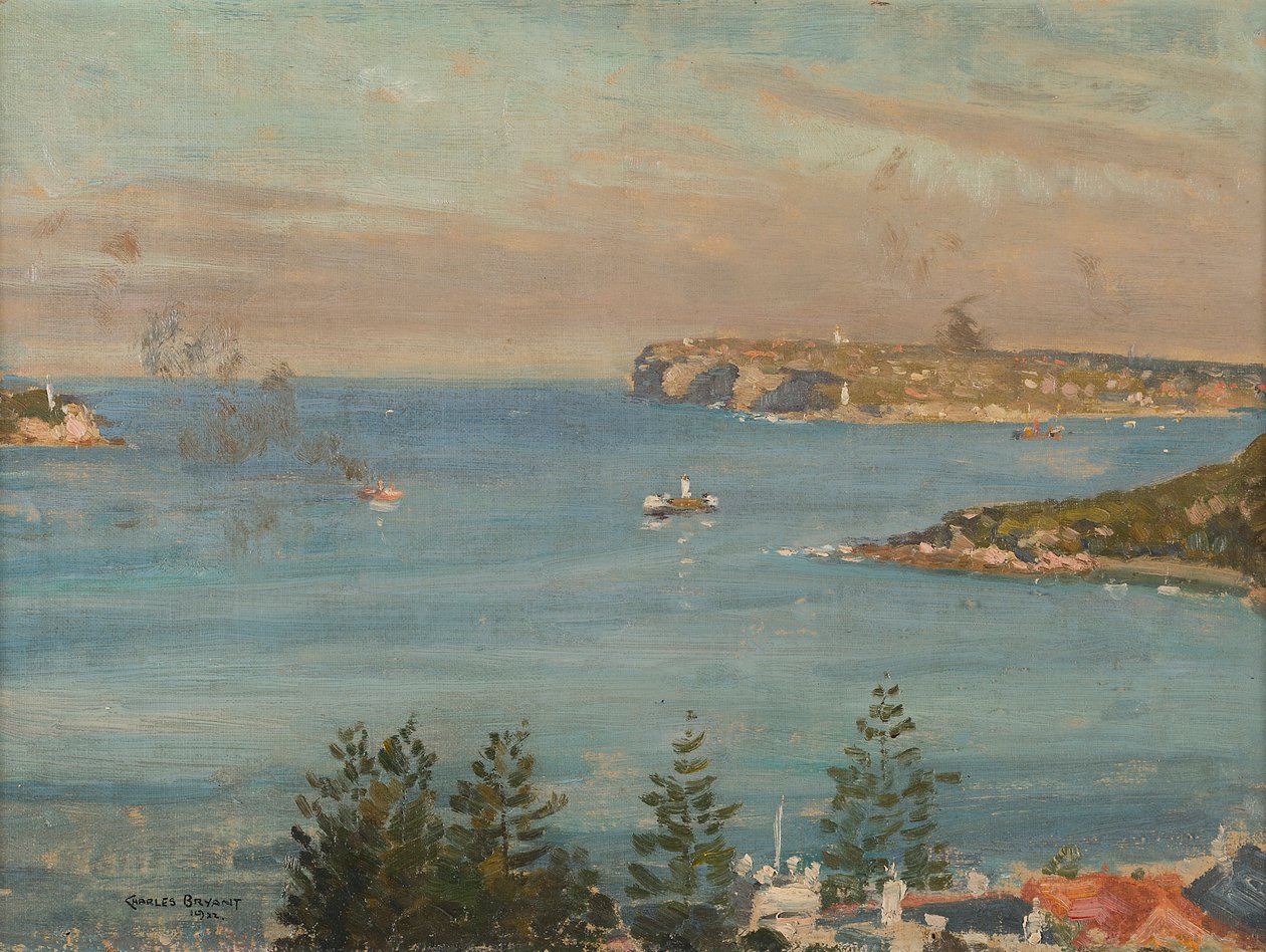 Sydney Heads felé nézve a város északi részéről (olaj a fedélzeten) alkotó: Charles David Jones Bryant