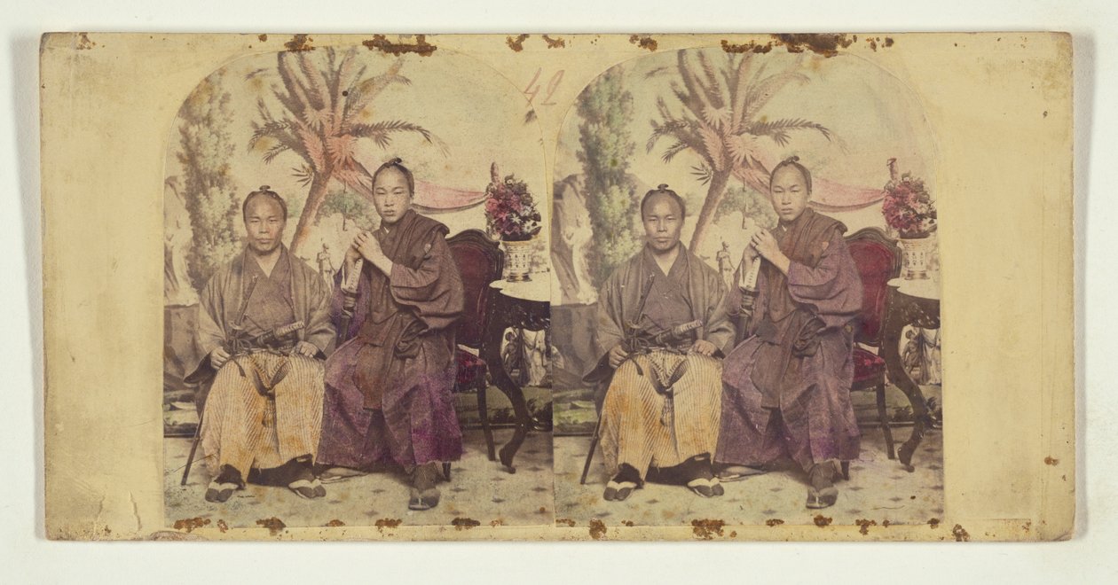 Az első japán diplomáciai képviselet két tagja az Egyesült Államokban:  Ismeretlen tag (balra) és Tateishi Onojirō-Noriyuki, kiképzett tolmács (jobbra). alkotó: Charles DeForest Fredricks