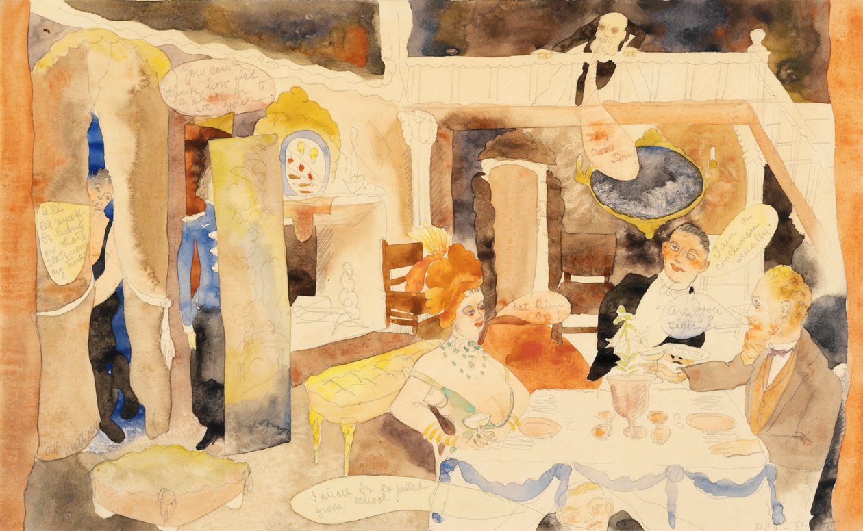 Lulu és Alva Schoen ebéden, 1918 (wc és ceruza papíron) alkotó: Charles Demuth