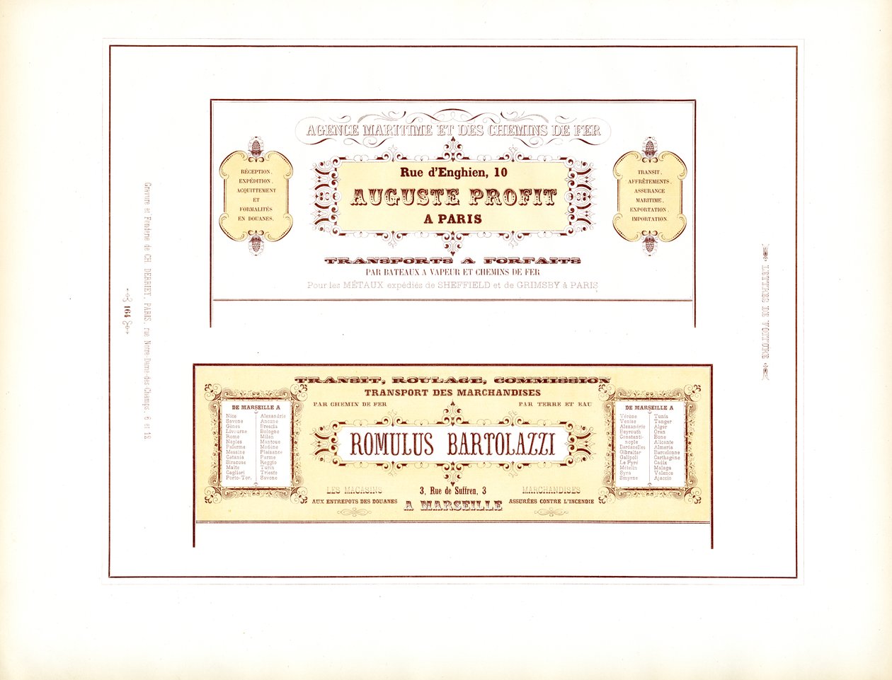 Dekoratív névjegykártyák közlekedési vállalatok számára (nyomtatás) alkotó: Charles Derriey