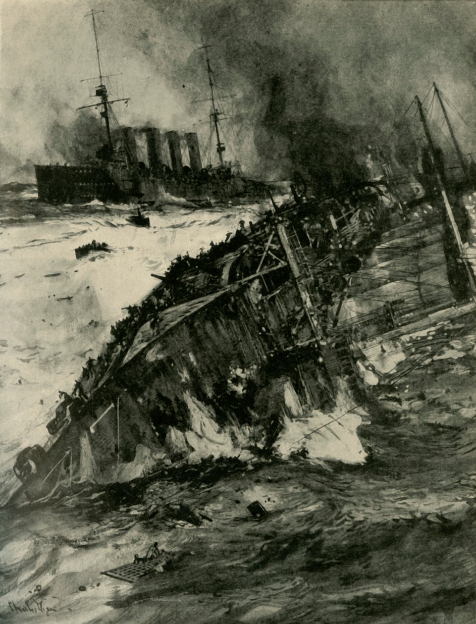A HMS Aboukir elsüllyedése, első világháború, 1914. szeptember 22., 1920. alkotó: Charles Dixon