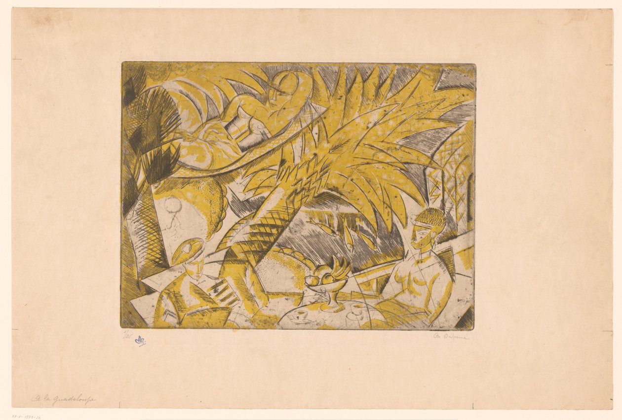 Napozó figurák egy pálmafa alatt A la Guadeloupe (cím a tárgyon) alkotó: Charles Dufresne (signed by artist)