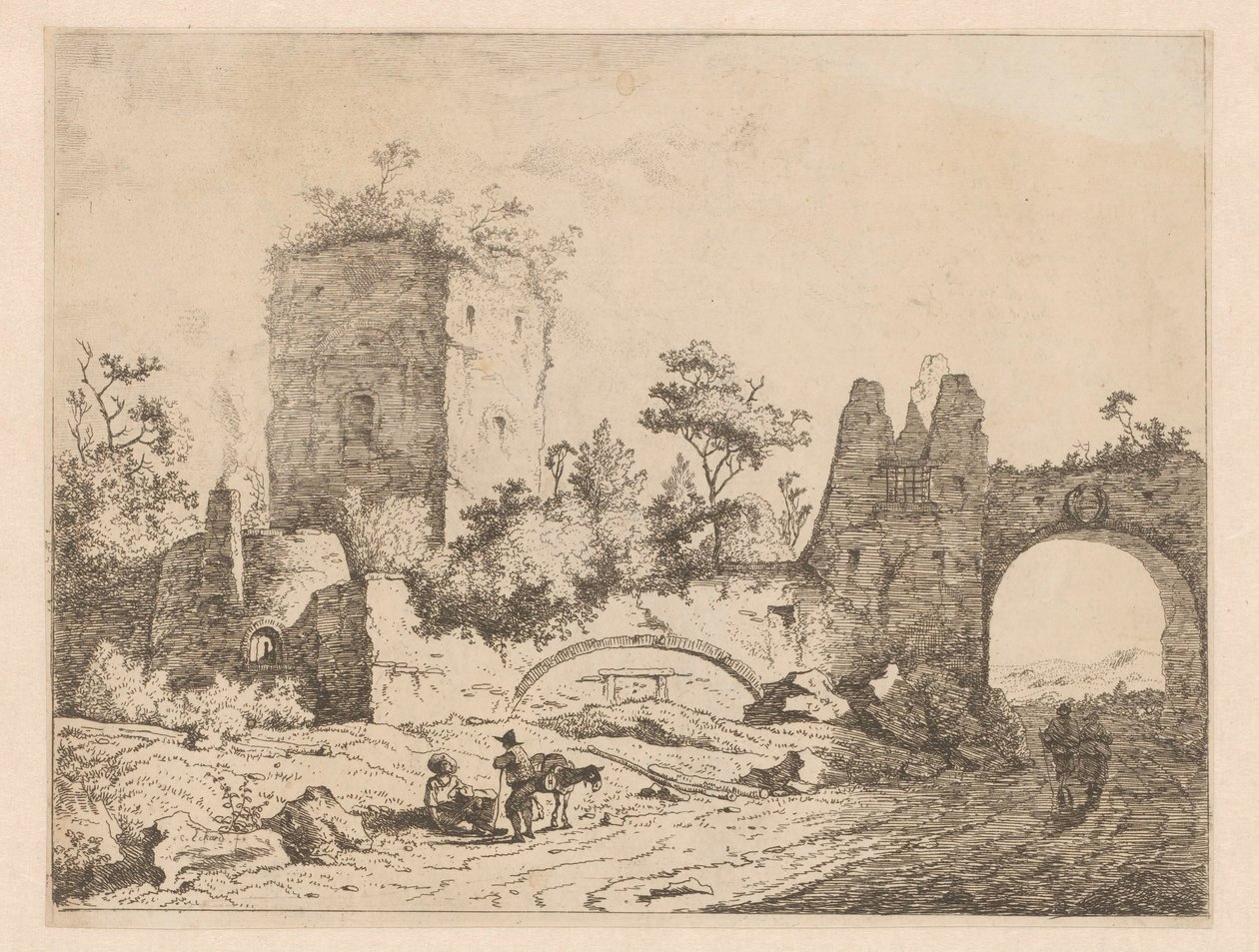 Táj egy torony és egy kapu romjaival Romokat ábrázoló nyomatok tájban (sorozat címe) Cahier de ruines et de paysages (sorozat címe) alkotó: Charles Echard (attributed to)