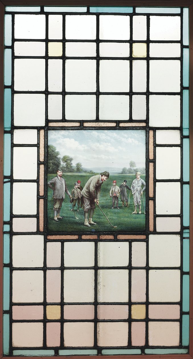 Egy késő viktoriánus ólomüveg ablak a golfozókkal, c. 1890 alkotó: Charles Edmund Brock