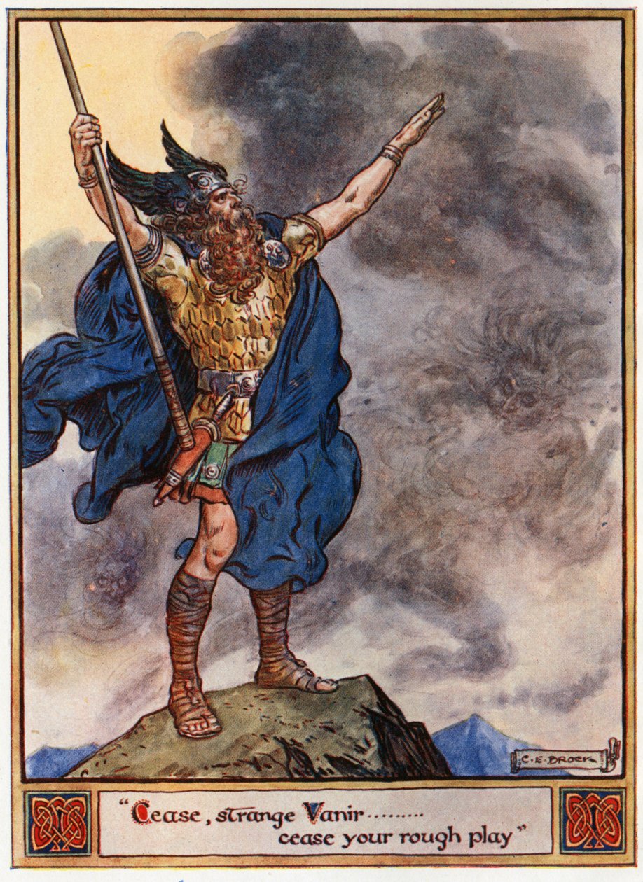 "Hagyd abba, furcsa Vanir... hagyd abba durva játékodat", illusztráció az A und E Keary által írt "The Heroes of Asgard, Tales from Scandinavian Mythology" című könyvből, 1930. alkotó: Charles Edmund Brock