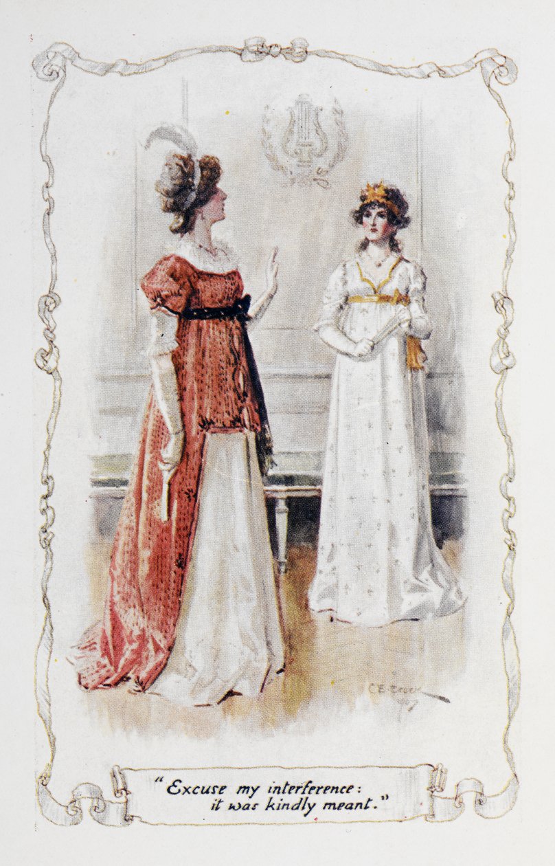 "Elnézést a közbeavatkozásomért, kedvesen szántam", Georgina Darcy Elizabeth Bennet-nek, illusztráció a Büszkeség és balítélethez, Jane Austen alkotó: Charles Edmund Brock