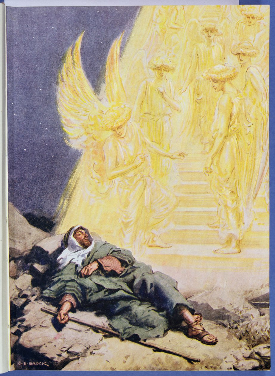 „Egy kanyargós lépcsőt lát, amely a Földről a mennybe vezet, ragyogóan a dicsőségtől”, illusztráció a „Biblián keresztül”, Virtue Publishing, 1928 alkotó: Charles Edmund Brock