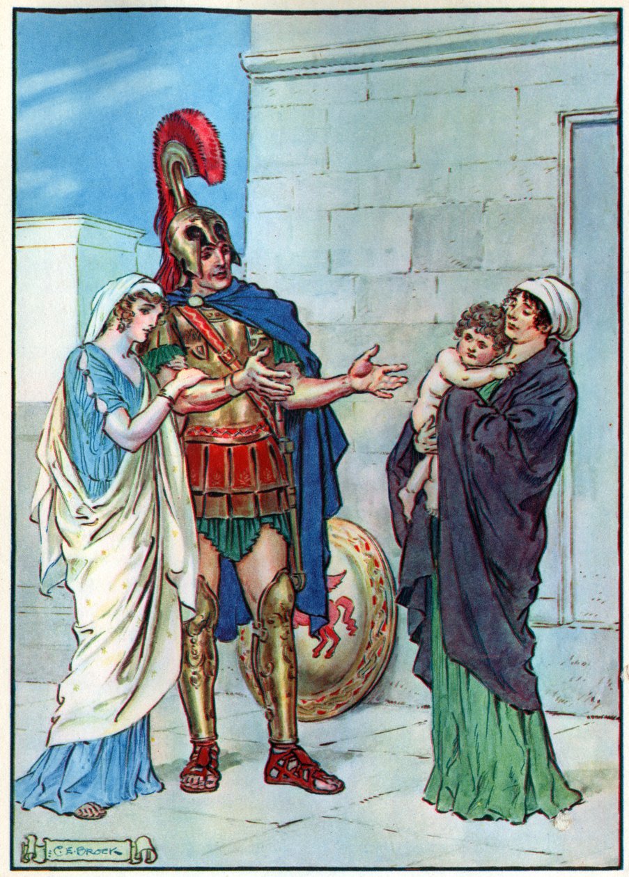 Hector és Andromache, a "Gyermekóra: Történetek a klasszikusokból" című művéből, a Waverley Book Company kiadása alkotó: Charles Edmund Brock
