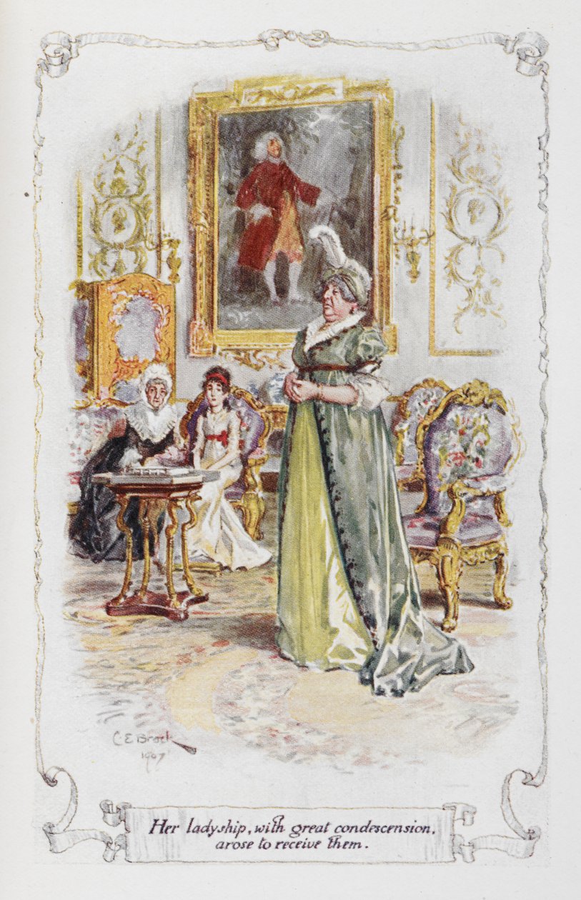 Hölgye nagy leereszkedéssel fogadta őket, illusztrációja Jane Austen „Büszkeség és balítélet” című művéből (színes litó) alkotó: Charles Edmund Brock