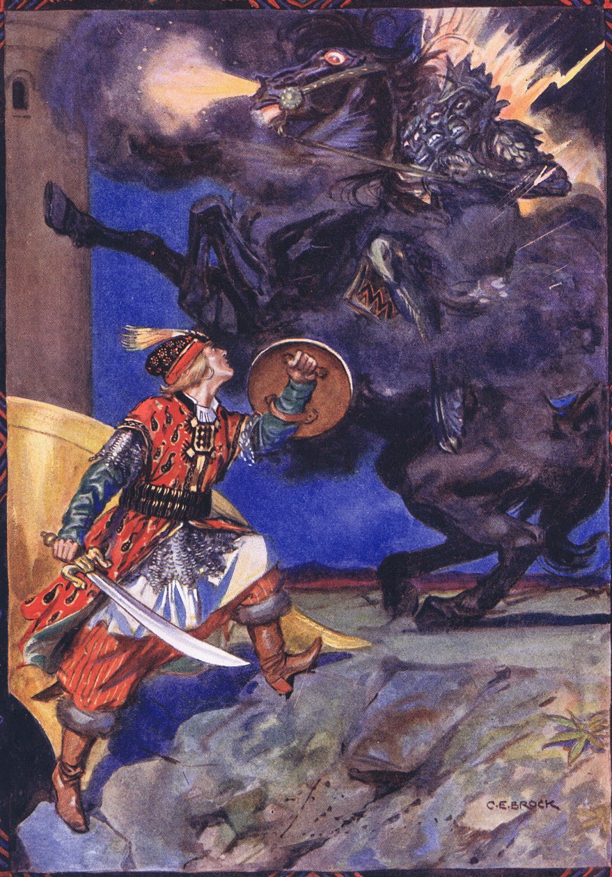 Azért jöttem, hogy megküzdjek veled, kedvesem rablója, Moses Gaster (1856-1939) Gyermektörténetek a román legendákból című filmjének jelenete Suchna Murgából (1856-1939) 1921 alkotó: Charles Edmund Brock