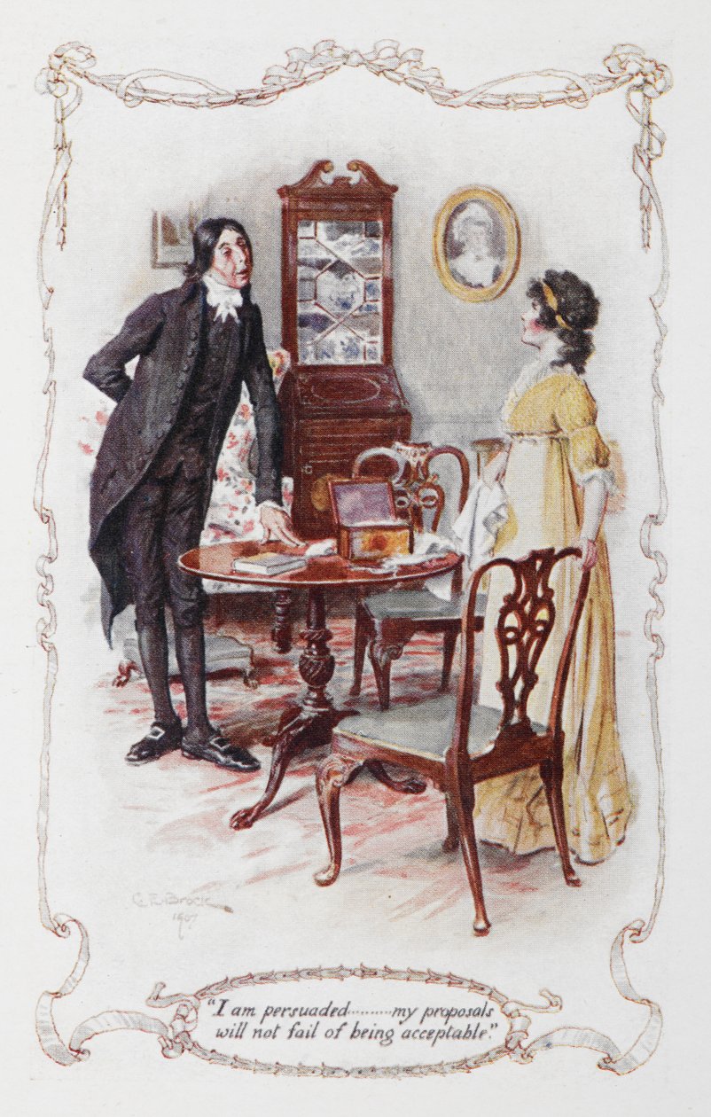 „Meg voltam győződve arról, hogy a javaslataim nem maradnak el, hogy elfogadhatóak legyenek”, Mr Collins és Elizabeth Bennet, illusztrációja Jane Austen „Büszkeség és balítélet” című művéhez alkotó: Charles Edmund Brock