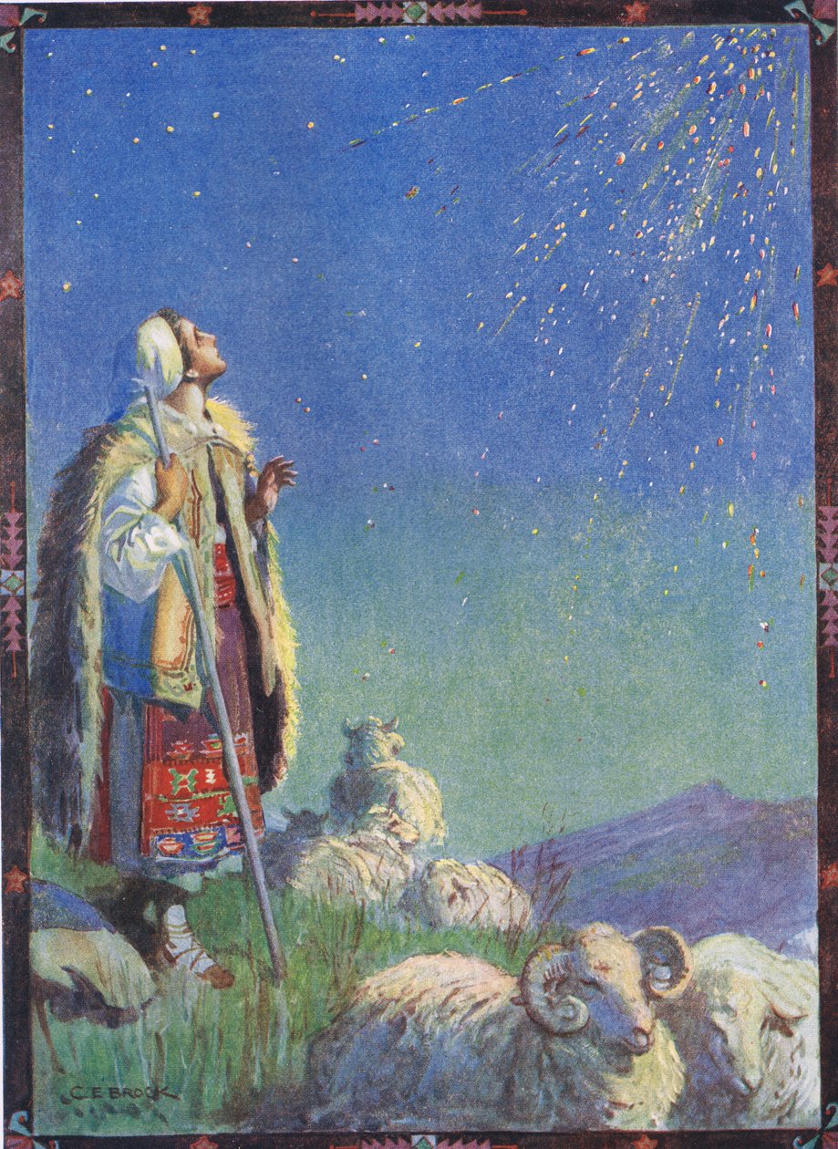 Szikrázó szikraesőként hullott le, jelenet a "The Story of the Firefly"-ból, Gaster Mózes (1856-1939) "Gyermekmesék a román legendákból" című kötetéből 1921. alkotó: Charles Edmund Brock