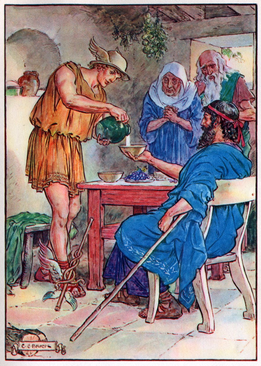 Jupiter és Merkúr Philemon és Baucis házában, a "Gyermekóra: Történetek a klasszikusokról" című filmből, a Waverley Book Company kiadásában alkotó: Charles Edmund Brock