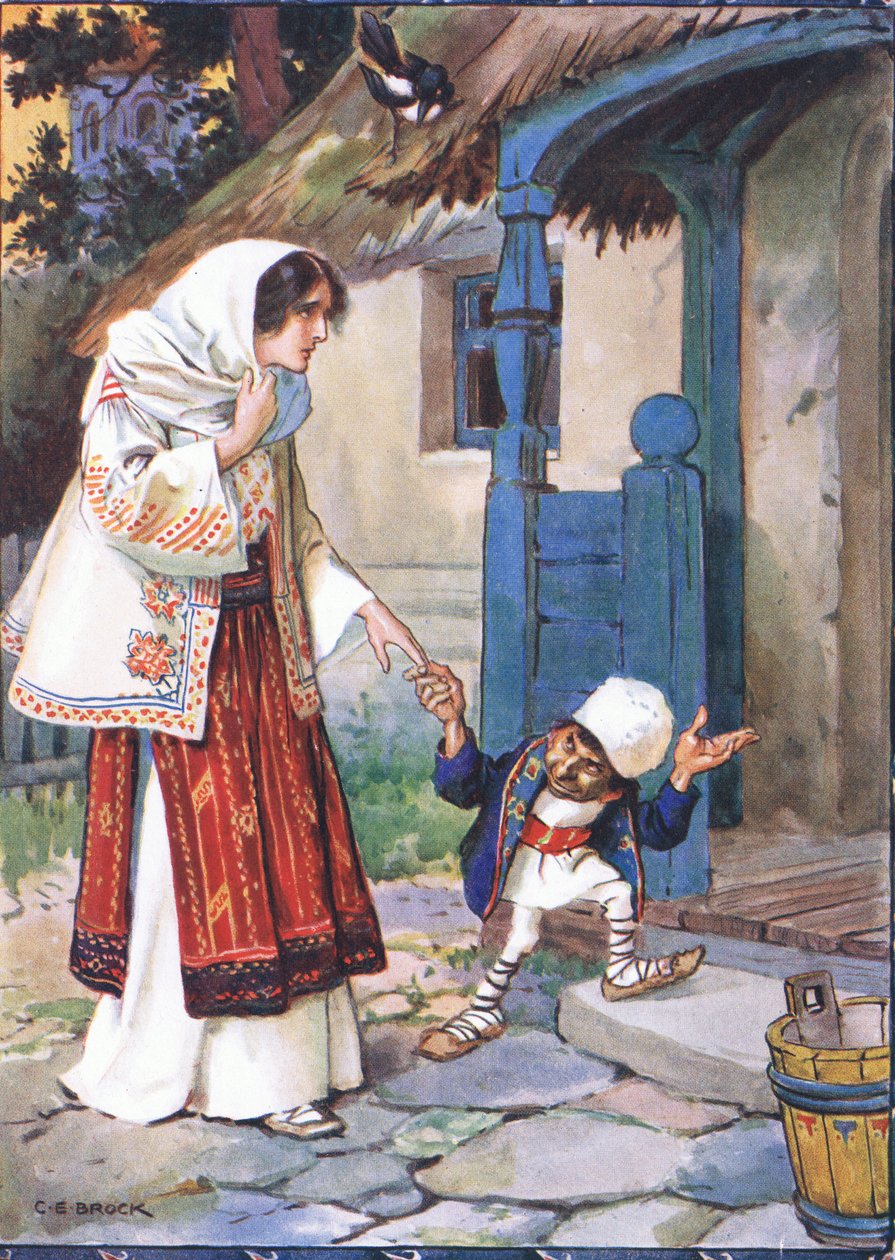 Bit öccse magával vitte kedves menyasszonyát a házba, amelyet neki épített, jelenet a Little Brother Bit című filmből Moses Gaster (1856-1939) Gyermektörténetek a román legendákból című filmből, 1921 (lith színes) alkotó: Charles Edmund Brock