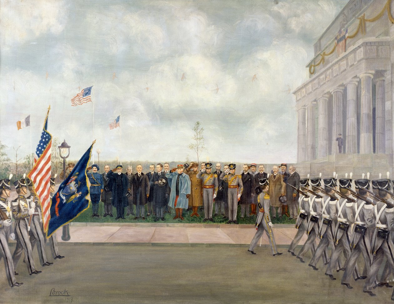 Joffre marsall washingtoni kiküldetésben West Point diákjait vizsgálja, 1917 tavaszán Charles Edmund Brock (1870-1938), első világháború, Egyesült Államok, XX. század alkotó: Charles Edmund Brock