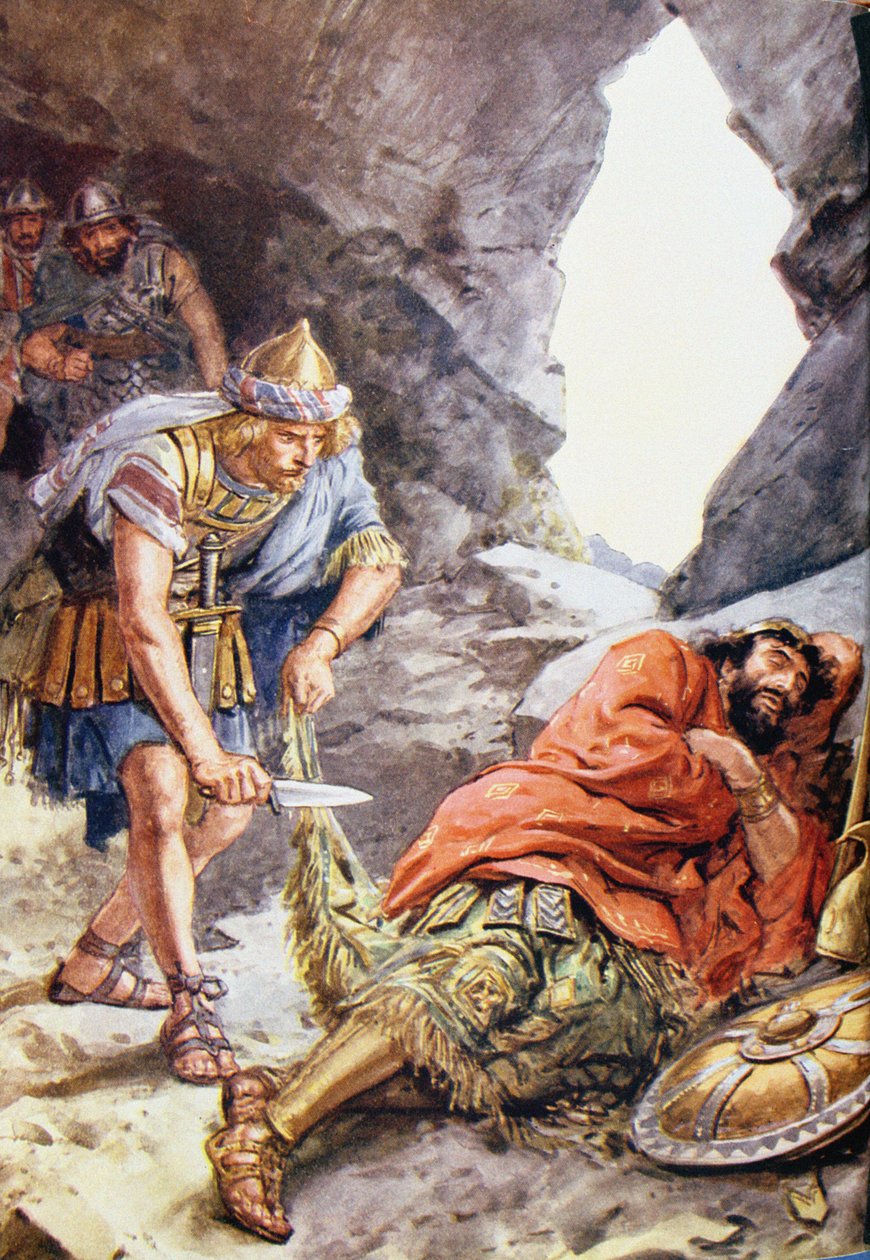 "Egyszer megmentette Saul életét, amikor rátalált egy barlangban, amint aludt" illusztráció a "Through the Bible" Vintage Publishing, 1928-ból. alkotó: Charles Edmund Brock