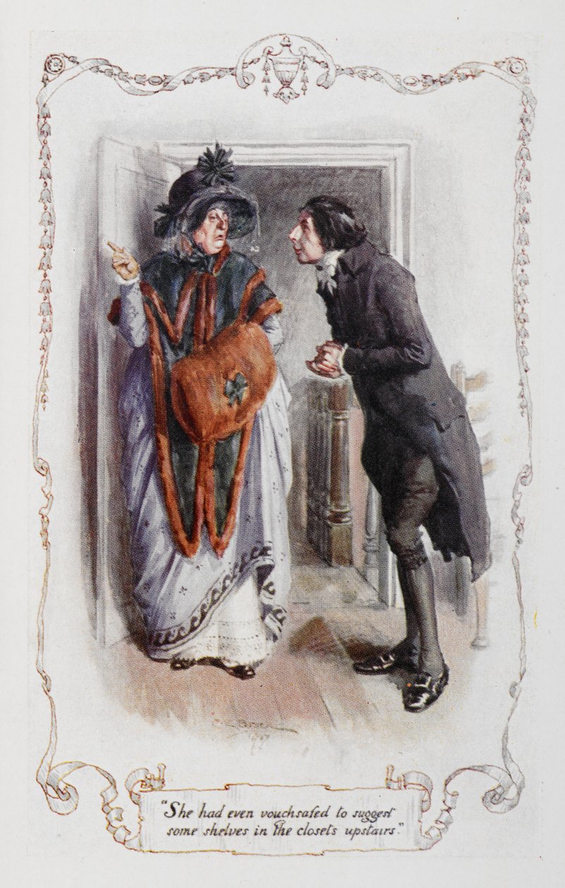 Még azt is kezeskedte, hogy javasol néhány polcot az emeleti szekrényekben” William Collins, Jane Austen „Büszkeség és balítélet” című művéhez készült illusztráció. alkotó: Charles Edmund Brock