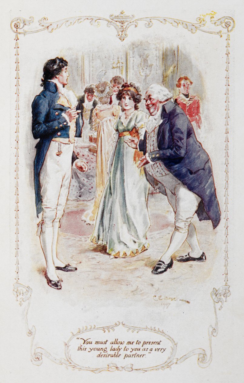 Sir William Lucas: „Mr, Darcy, meg kell engednie, hogy ezt a fiatal hölgyet nagyon kívánatos partnerként mutassam be önnek (Elizabeth Bennet”), illusztrációja Jane Austen „Büszkeség és balítélet” c. alkotó: Charles Edmund Brock