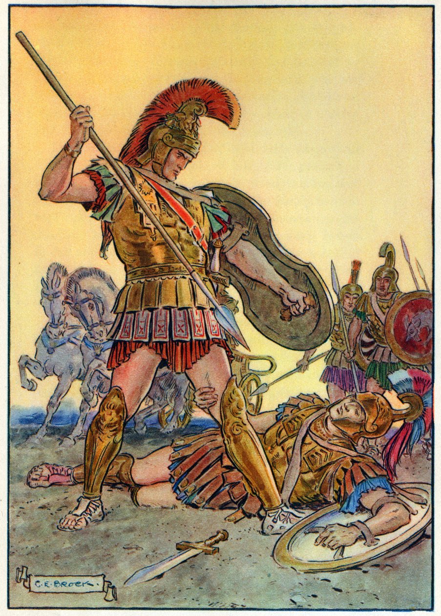 Hector halála, a „Gyermekóra: Történetek a klasszikusokból” című könyvből, a Waverley Book Company kiadása alkotó: Charles Edmund Brock