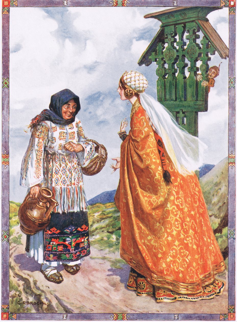 A hercegnő... megkérte, hogy cserélje ki a paraszti ruhákat a királyi ruháira, jelenet a Szerencse és balszerencse című filmből: Moses Gaster (1856-1939) Gyermektörténetek a román legendákból, 1921 (színes alkotó: Charles Edmund Brock
