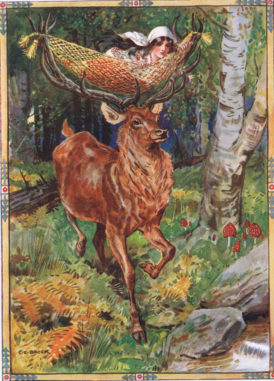 Moses Gaster (1856-1939) Gyermektörténetek a román legendákból című szarvasbika selyem függőágyával, 1921 alkotó: Charles Edmund Brock